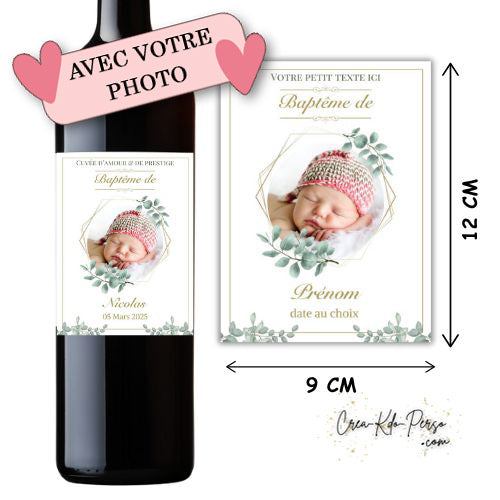 étiquettes Bouteille de Vin Baptême personnalisée photo