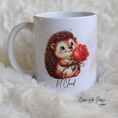 Mug Hérisson mignon avec fleur rouge personnalisé