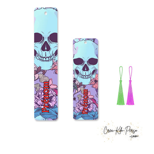 Marque page bookmark motif tête de mort florale personnalisé prénom