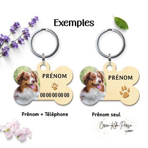 Médaille pendentif chien personnalisée photo forme os fond beige