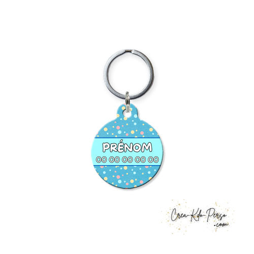 Médaille pendentif chien et chat personnalisé motif bleu à pois forme ronde