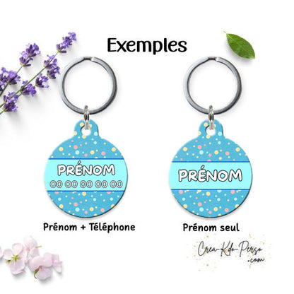 Médaille pendentif chien et chat personnalisé motif bleu à pois forme ronde