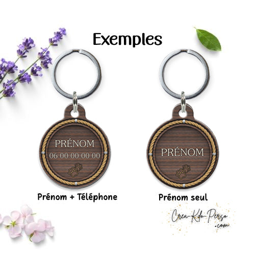 Médaille pendentif chien et chat personnalisé motif bois forme ronde