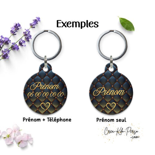 Médaille pendentif chien et chat personnalisé motif cuir capitonné forme ronde