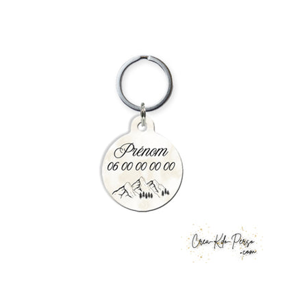 Médaille pendentif chien et chat personnalisé motif montagne forme ronde
