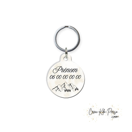 Médaille pendentif chien et chat personnalisé motif montagne forme ronde