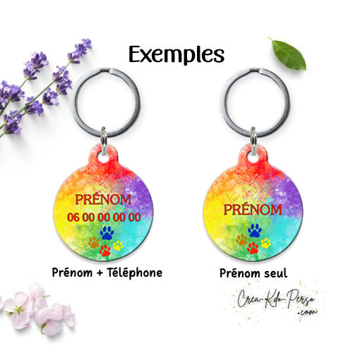 Médaille pendentif chien et chat personnalisé motif taches colorées forme ronde