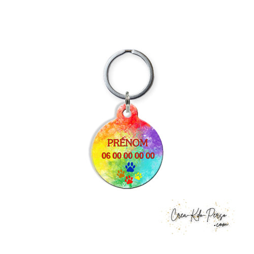 Médaille pendentif chien et chat personnalisé motif taches colorées forme ronde