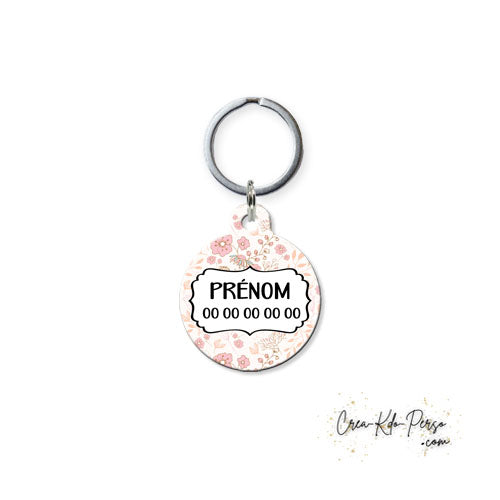 Médaille pendentif chien et chat personnalisé motif floral rose forme ronde