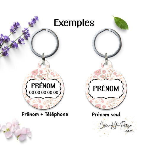 Médaille pendentif chien et chat personnalisé motif floral rose forme ronde