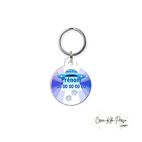 Médaille pendentif chien et chat personnalisé motif soucoupe volante forme ronde
