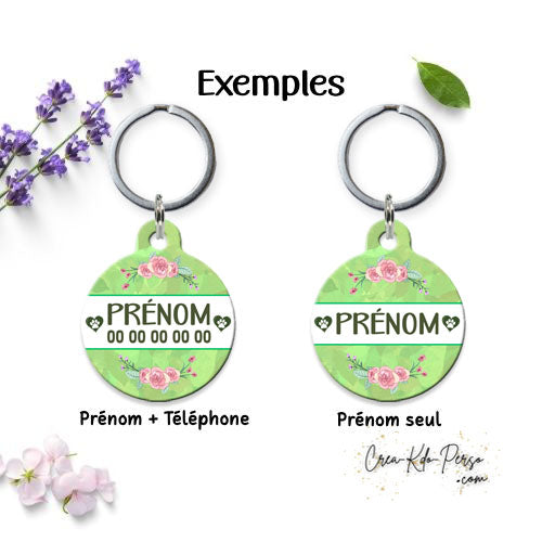Médaille pendentif chien et chat personnalisé motif floral vert forme ronde