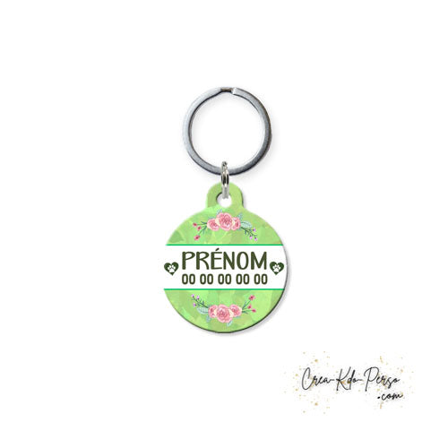 Médaille pendentif chien et chat personnalisé motif floral vert forme ronde