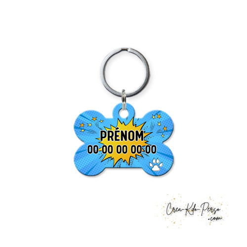 Médaille pendentif chien personnalisée motif comic bleu forme os