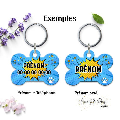 Médaille pendentif chien personnalisée motif comic bleu forme os