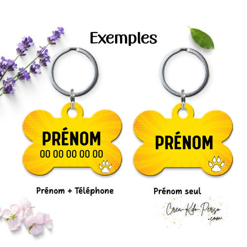 Médaille pendentif chien personnalisée motif jaune comic forme os