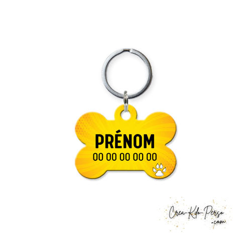 Médaille pendentif chien personnalisée motif jaune comic forme os