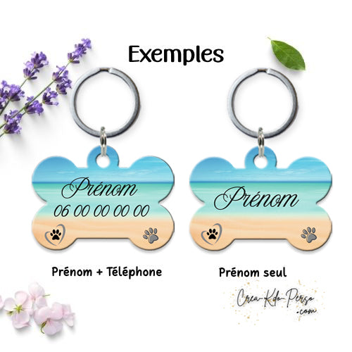 Médaille pendentif chien personnalisée motif plage et sable fin forme os