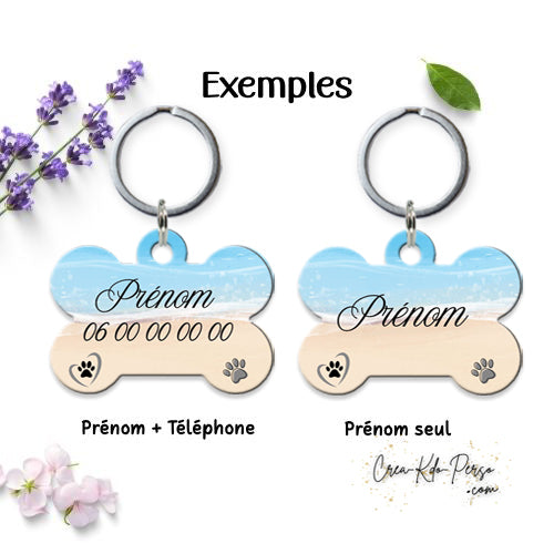 Médaille pendentif chien personnalisée motif vacances à la plage forme os