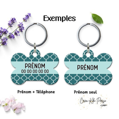 Médaille pendentif chien personnalisée motif mosaïque vert forme os