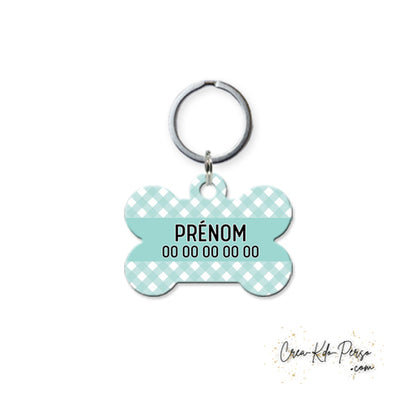 Médaille pendentif chien personnalisée motif carreaux vichy forme os