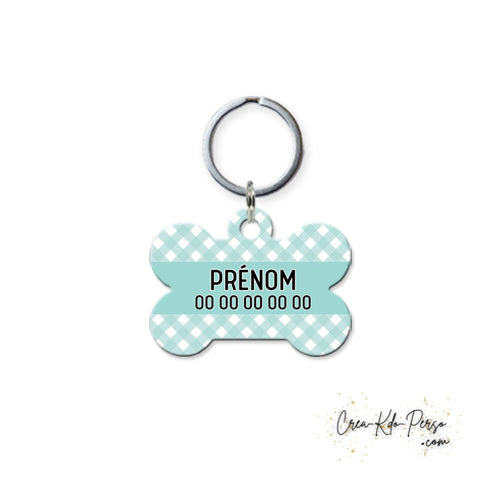 Médaille pendentif chien personnalisée motif carreaux vichy forme os