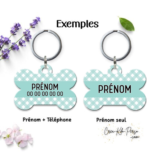 Médaille pendentif chien personnalisée motif carreaux vichy forme os