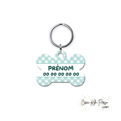 Médaille pendentif chien personnalisée motif carreaux vichy vert forme os