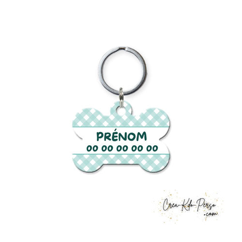 Médaille pendentif chien personnalisée motif carreaux vichy vert forme os