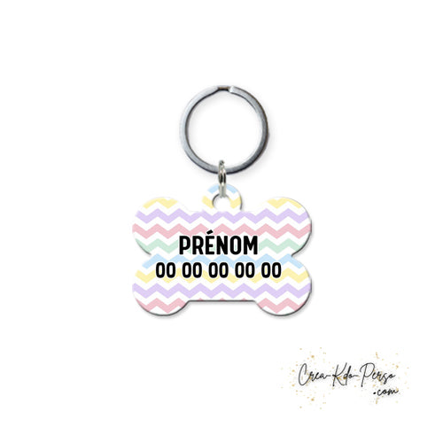 Médaille pendentif chien personnalisée motif zig zag coloré forme os