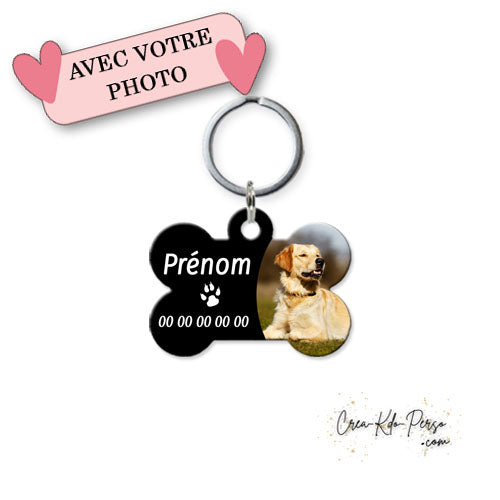 Médaille pendentif chien personnalisée photo forme os fond noir