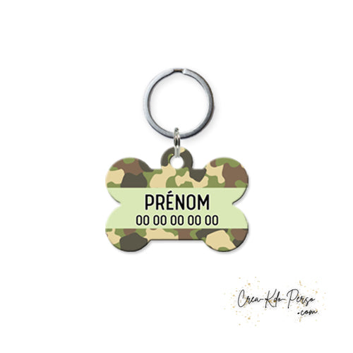 Médaille identification chien personnalisée motif camouflage forme os