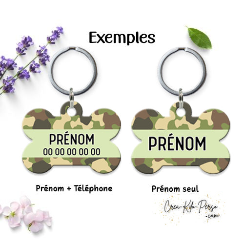 Médaille identification chien personnalisée motif camouflage forme os