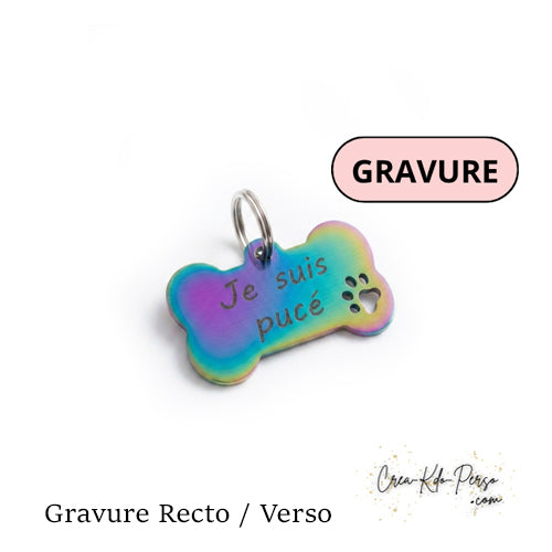 Médaille Os Personnalisée Irisée – Gravure 2 Faces – Acier Inox pour Chien et Chat