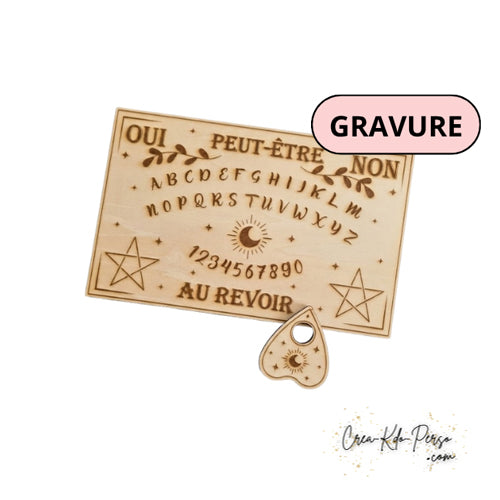 Mini planche de Ouija en bois gravé avec sa planchette pour la divination