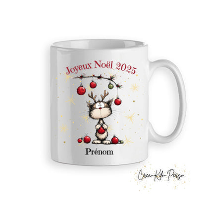 Mug tasse personnalisé cadeau Joyeux Noël avec petit chaton jouant avec les boules de sapin