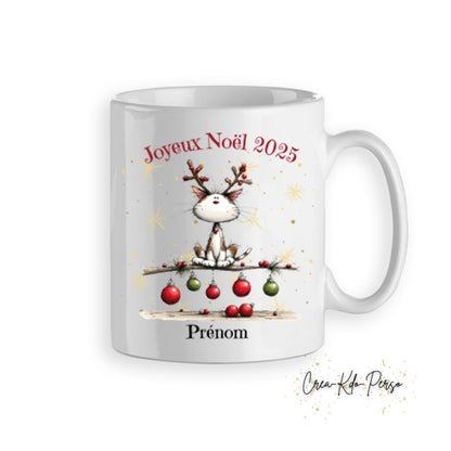 Mug tasse personnalisé cadeau Joyeux Noël avec petit chaton déguisé en renne