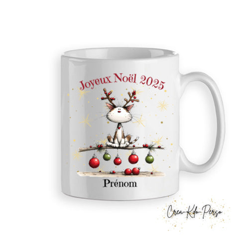 Mug tasse personnalisé cadeau Joyeux Noël avec petit chaton déguisé en renne