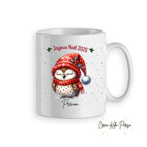 Mug tasse cadeau Noël chouette avec écharpe rouge personnalisé