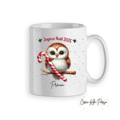 Mug tasse cadeau Noël chouette avec un sucre d'orge personnalisé