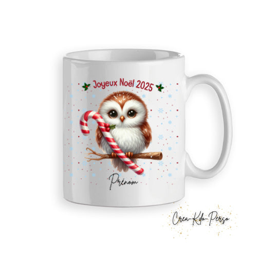 Mug tasse cadeau Noël chouette avec un sucre d'orge personnalisé