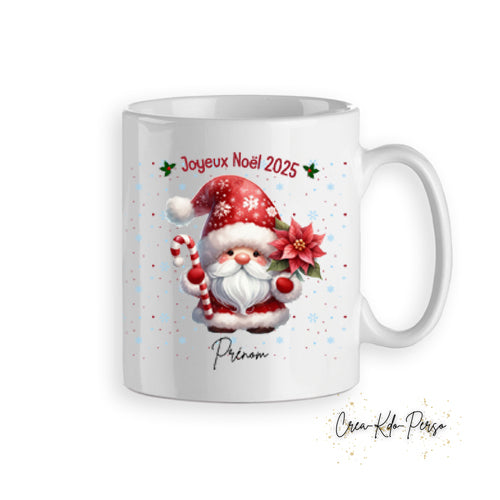 Mug tasse cadeau Noël gnome avec une fleur rouge personnalisé