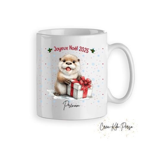 Mug tasse personnalisé cadeau Noël loutre mignonne avec une boite rouge