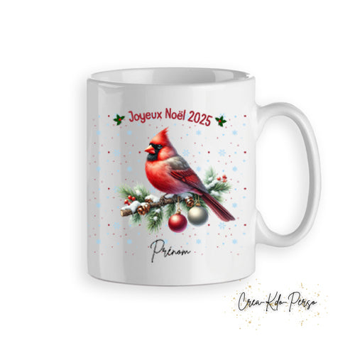 Mug tasse personnalisé cadeau Noël oiseau cardinal rouge sur branche