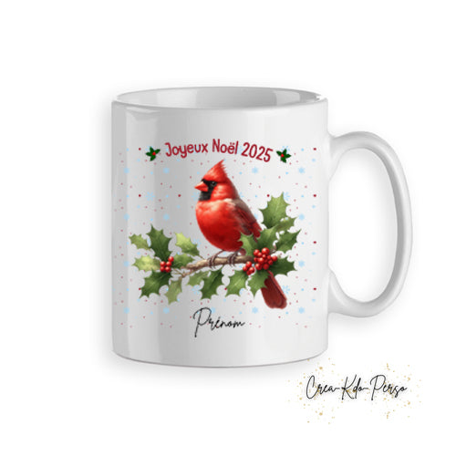 Mug tasse cadeau Joyeux Noël avec oiseau cardinal rouge personnalisé 