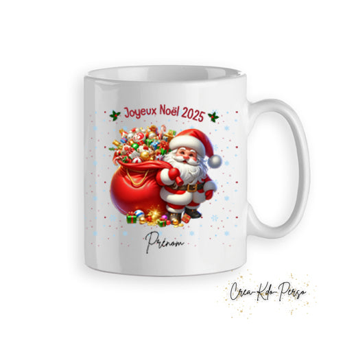 Mug tasse personnalisé cadeau Joyeux Noël avec Père Noel et sa hotte
