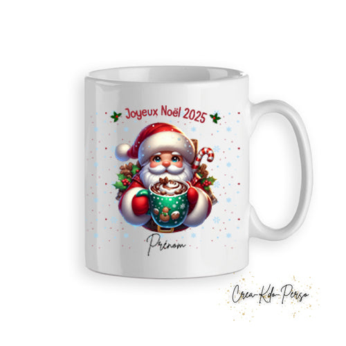 Mug tasse personnalisé cadeau Joyeux Noël avec Père Noel avec son chocolat chaud