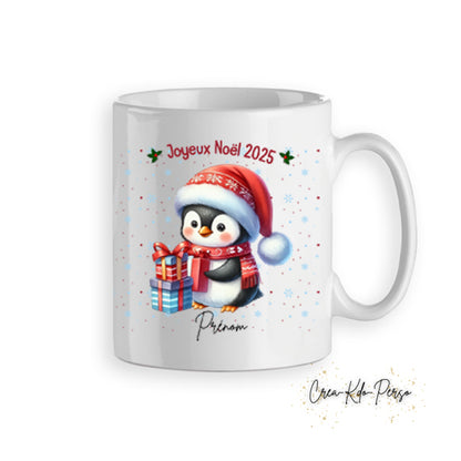 Mug tasse personnalisé cadeau Joyeux Noël avec petit pingouin au bonnet rouge