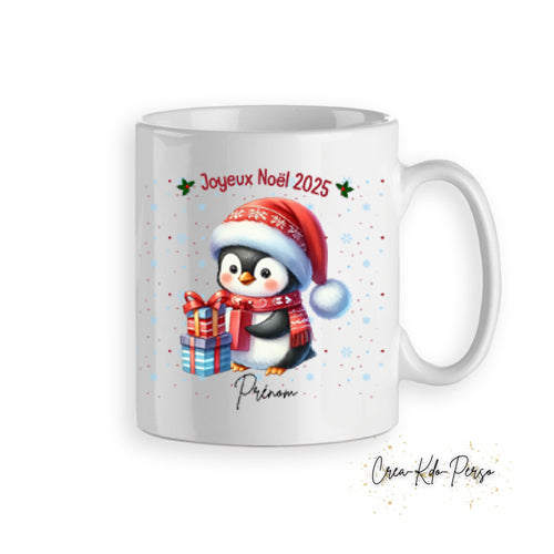 Mug tasse personnalisé cadeau Joyeux Noël avec petit pingouin au bonnet rouge