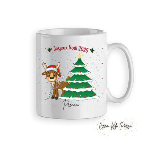 Mug tasse personnalisé cadeau Joyeux Noël avec petit renne mignon et son sapin